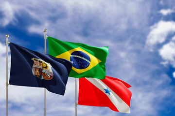 Official flags of the country Brazil, state of Para and city of Belem. Swaying in the wind under the blue sky. 3d rendering