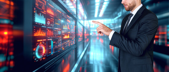 Businessman finger touch business data on screen. Ai generative illustration