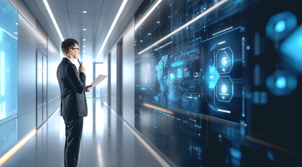 Businessman and virtual hud with big data analysis. Ai generative illustration