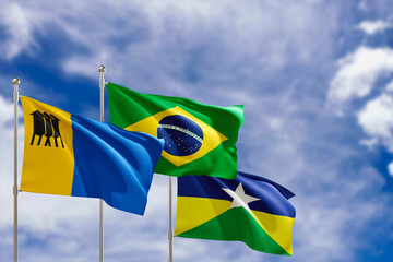 Official flags of the country Brazil, state of Rondonia and city of Porto Velho. Swaying in the...