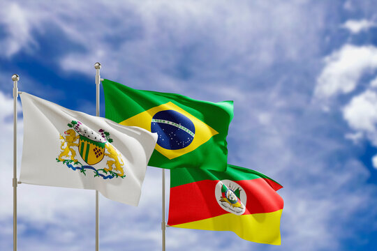 Official flags of the country Brazil, state of Rio Grande do Sul and city of Caixias do Sul. Swaying in the wind under the blue sky. 3d rendering