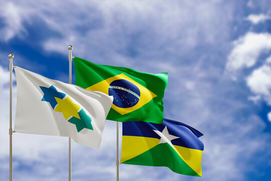 Official flags of the country Brazil, state of Rondonia and city of Ji-Parana. Swaying in the wind under the blue sky. 3d rendering