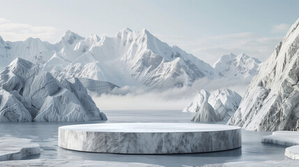 a stone podium placed in the middle of nature, with a majestic view of the icy mountains as a backdrop. Ai generated Images - obrazy, fototapety, plakaty
