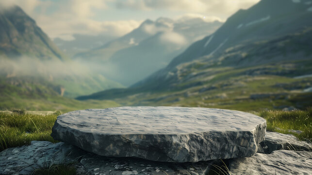 a stone podium used to take product photos in the middle of wild nature, with majestic mountains in the background. Ai generated Images