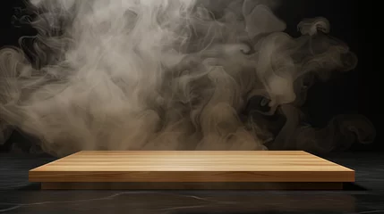 Küchenrückwand glas motiv a wooden stage platform that has been prepared for product photos, with a black background decorated with smoke covering the area. Ai generated Images © mohammad