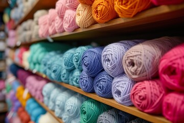 Fototapeta na wymiar Colorful yarn and wool balls on display in a craft store
