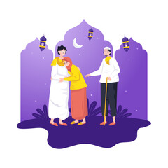 A Muslim family meeting celebrating Eid mubarak illustration