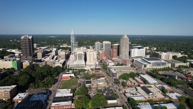 Aerial View Moving Toward Raleigh North Carolina Skyline