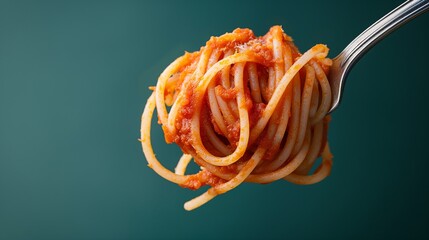 Close up fork full of spaghetti with tomato sauce against green background.