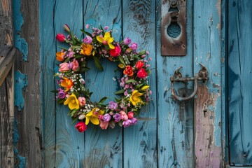 A Symphony of Spring Colors: A Bright and Cheerful Easter Wreath Adorning a Rustic Wooden Door, Welcoming the Season of Renewal