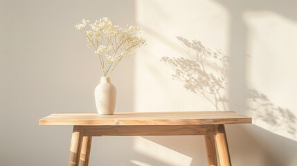 An empty wooden table that has been used as a product photo template, with a vase of flowers on it. The table is located in the middle of a bright and clean room, with a neutral backdrop to emphasize 