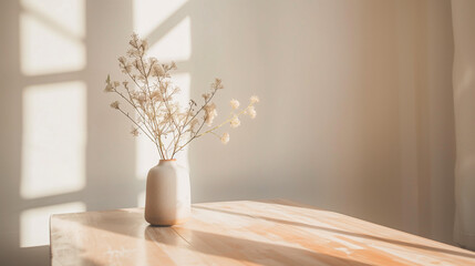 An empty wooden table that has been used as a product photo template, with a vase of flowers on it. The table is located in the middle of a bright and clean room, with a neutral backdrop to emphasize 