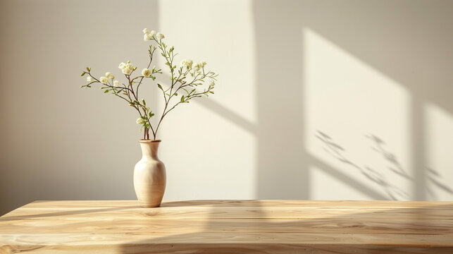An empty wooden table that has been used as a product photo template, with a vase of flowers on it. The table is located in the middle of a bright and clean room, with a neutral backdrop to emphasize 