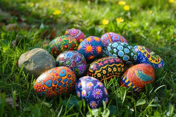 A Colorful Array of Hand-Painted Easter Rocks, Each Uniquely Decorated with Vibrant Patterns and Easter Themes, Lying on a Bed of Fresh Spring Grass