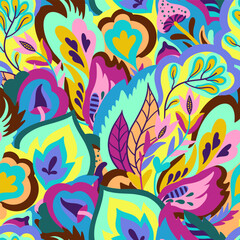 Colorful seamless pattern with chaotic floral and psychedelic abstract elements. Vector illustration.