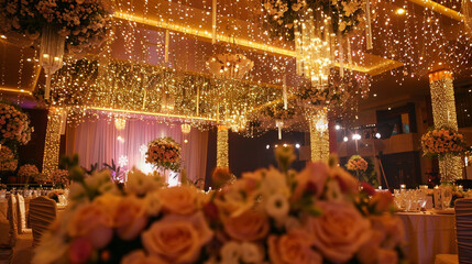 A beautifully decorated wedding hall with floral centerpieces