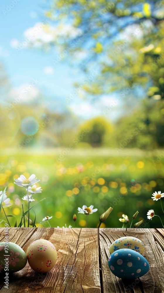 Wall mural Wooden table with easter eggs and blurred spring meadow background