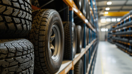 Stacked New Tires arranged in rows in Automotive Warehouse