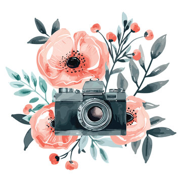 Photography watercolor floral camera logo.