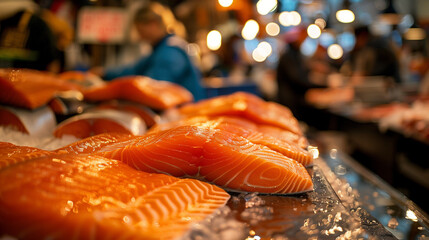 fresh salmon placed on the table, in a traditional market located near the beach. Ai Generated Images