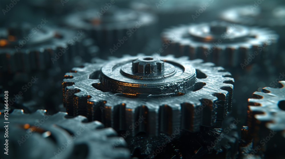 Poster a virtual landscape of gears and cogs with each one seamlessly turning and interacting with the othe