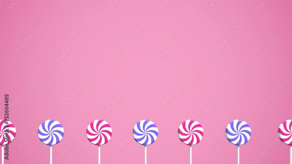 Poster spiral lollipop animation. lollipop on stick animation. striped twisted candy. move to the left and 