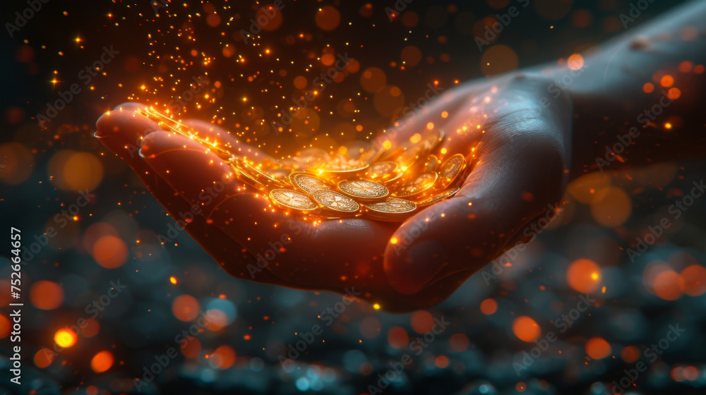 Poster a sleek and futuristic infographic featuring a virtual hand holding an array of coins each represent