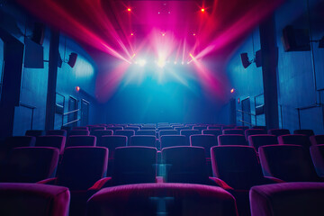 Fototapeta na wymiar Empty movie theater interior with vibrant stage lights