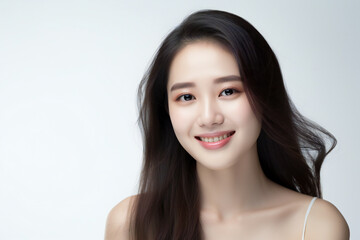 Smiling Young Woman with Radiant Skin and Long Hair: Natural Beauty and Elegant Portrait on White Background