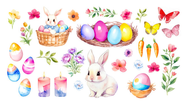 Watercolor Set of Easter design elements. Eggs, basket, rabbit, flowers, branches, candle, butterfly, carrot. Happy Easter Collection for design, decoration, card, kids