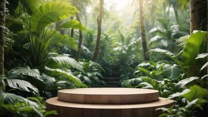 Podium pedestal in tropical forest garden green plant. Nature and Organic cosmetic and food presentation theme