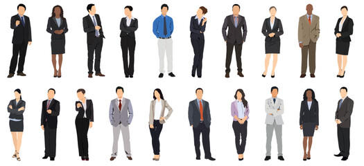 Fototapeta na wymiar Business multinational team. Vector illustration of diverse cartoon men and women of various races, ages and body type in office outfits. Isolated on white.