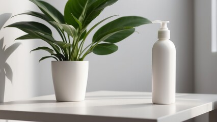white bottle of lotion stands on the table next to the plant. minimalist design