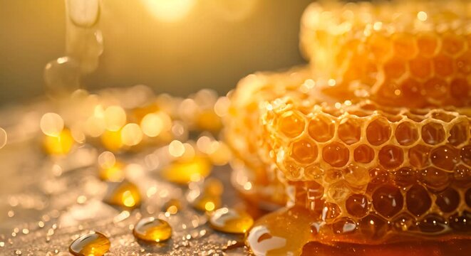 Close-up of honeycomb with drops of fresh honey
