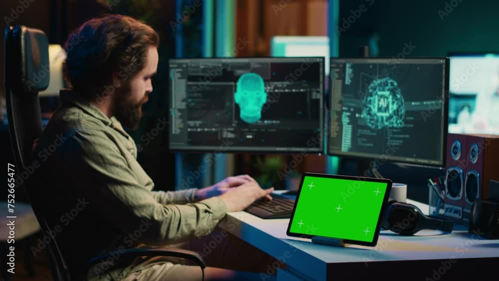 Poster developer using green screen tablet updating artificial intelligence machine learning algorithm, wri