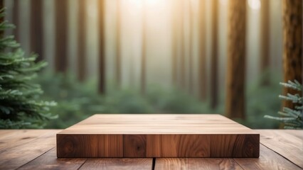 wooden table podium in forest blurry background - obrazy, fototapety, plakaty