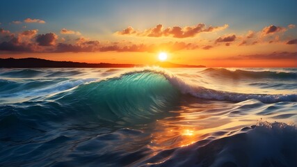 sunset over the sea waves - obrazy, fototapety, plakaty