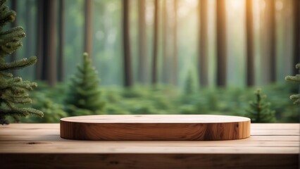 wooden table podium in forest blurry background - obrazy, fototapety, plakaty