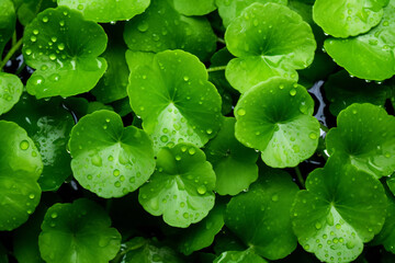 fresh green leaf with water drops. Rain drops on leaf. Leaf on raining day. Gotu kola. Centella Asiatica. leaf with rain drops background