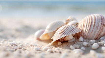 Fototapeta na wymiar Seashells on white sand with sea in the background.