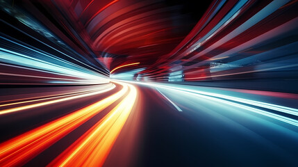 Car lights leave traces in tunnel, concept of speed and movement