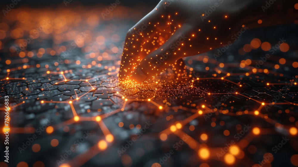 Aufkleber a digital puzzle comes together in a fluid motion representing the intricate and interconnected natu