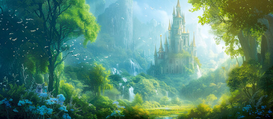 Enchanted Illustration of Hidden Palace in Mystical Forest, Opulent Towers and Sprawling Gardens, Magical Creatures Roaming Freely