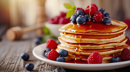 Stack of pancakes with fresh berries and dripping honey