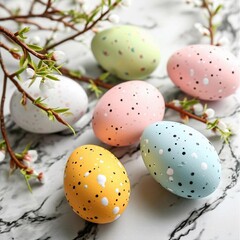 Obraz premium Beautiful Easter eggs and tree branches on light background, closeup