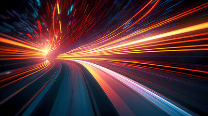 Car lights leave traces in tunnel, concept of speed and movement