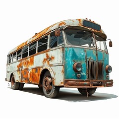 Detailed illustration of a vintage rusty old abandoned bus isolated on a white background, Generative AI 