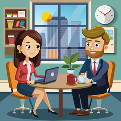 Cartoon character business team have conversation. Woman and man at morning meeting