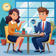 Cartoon character business team have conversation. Woman and man at morning meeting