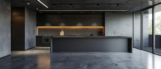 Luxury kitchen interior with gray walls, a concrete floor, black countertops and a white door. 3d...